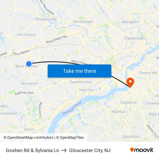 Goshen Rd & Sylvania Ln to Gloucester City, NJ map