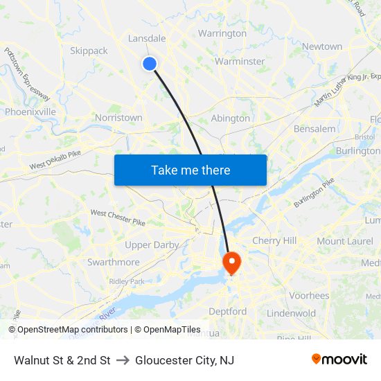 Walnut St & 2nd St to Gloucester City, NJ map