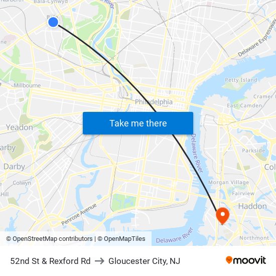 52nd St & Rexford Rd to Gloucester City, NJ map