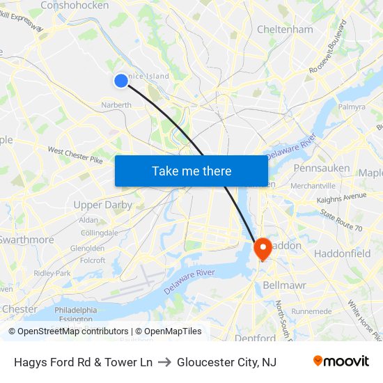 Hagys Ford Rd & Tower Ln to Gloucester City, NJ map