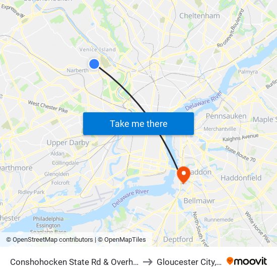 Conshohocken State Rd & Overhill Rd to Gloucester City, NJ map
