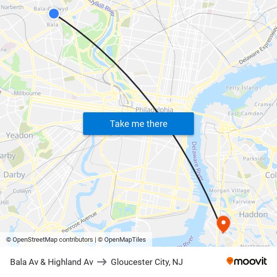 Bala Av & Highland Av to Gloucester City, NJ map