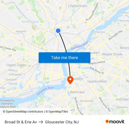 Broad St & Erie Av to Gloucester City, NJ map