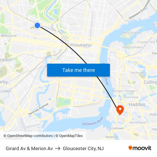 Girard Av & Merion Av to Gloucester City, NJ map