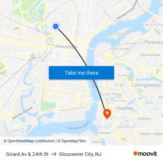 Girard Av & 24th St to Gloucester City, NJ map