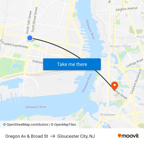 Oregon Av & Broad St to Gloucester City, NJ map