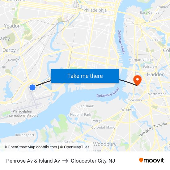 Penrose Av & Island Av to Gloucester City, NJ map