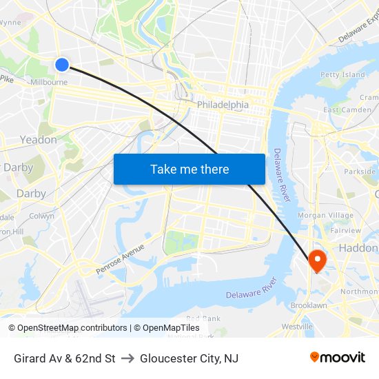 Girard Av & 62nd St to Gloucester City, NJ map