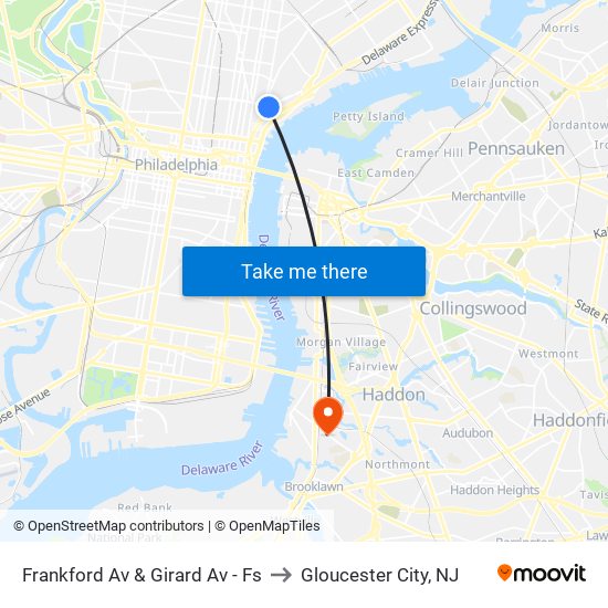 Frankford Av & Girard Av - Fs to Gloucester City, NJ map