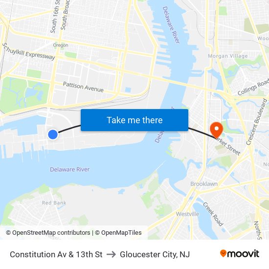 Constitution Av & 13th St to Gloucester City, NJ map