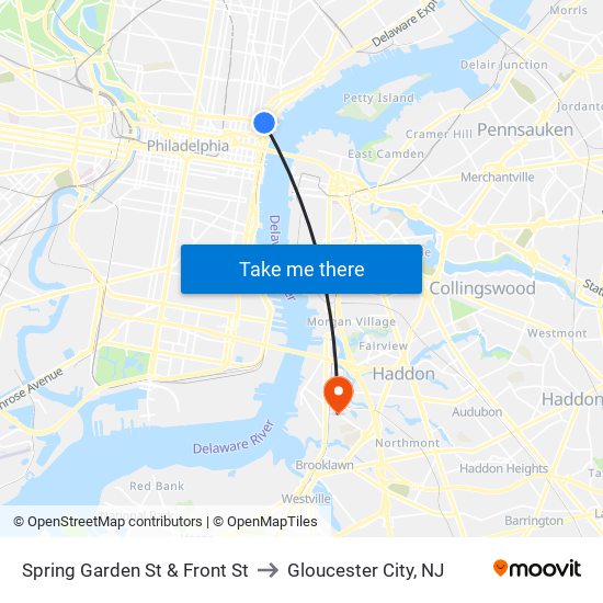 Spring Garden St & Front St to Gloucester City, NJ map