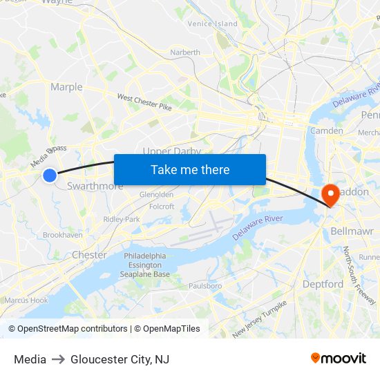 Media to Gloucester City, NJ map