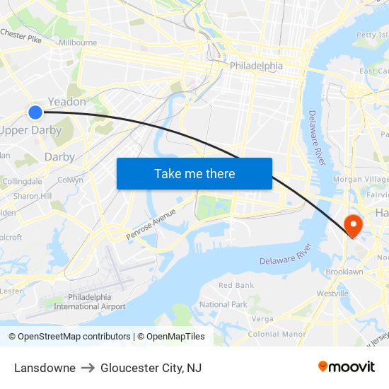 Lansdowne to Gloucester City, NJ map