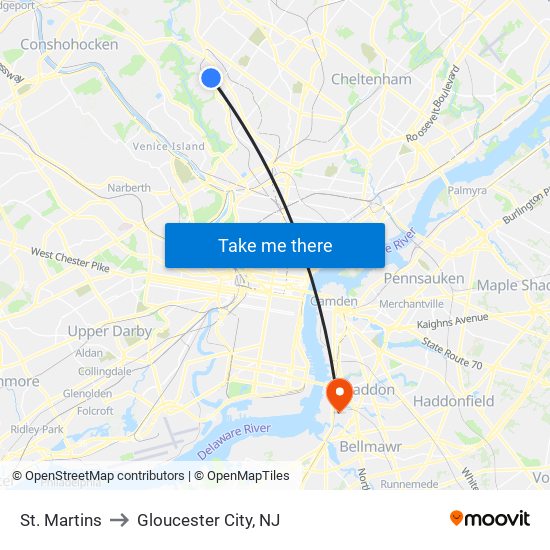 St. Martins to Gloucester City, NJ map