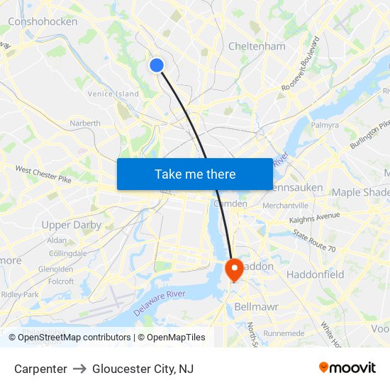 Carpenter to Gloucester City, NJ map