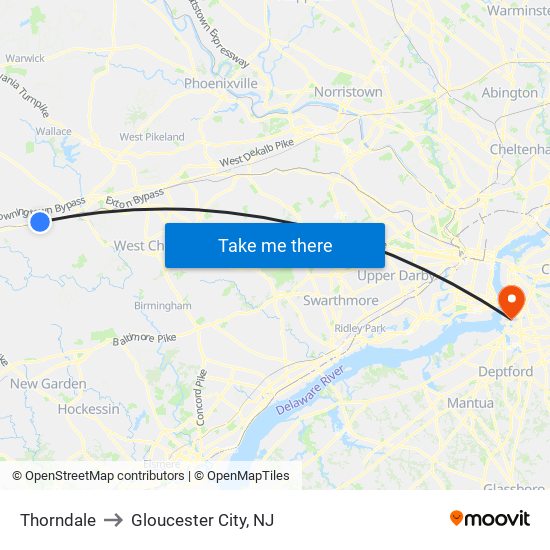 Thorndale to Gloucester City, NJ map