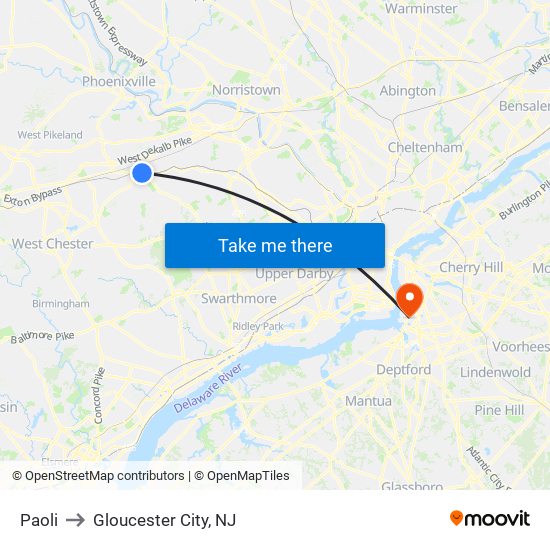 Paoli to Gloucester City, NJ map