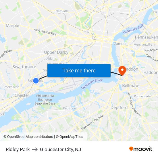 Ridley Park to Gloucester City, NJ map