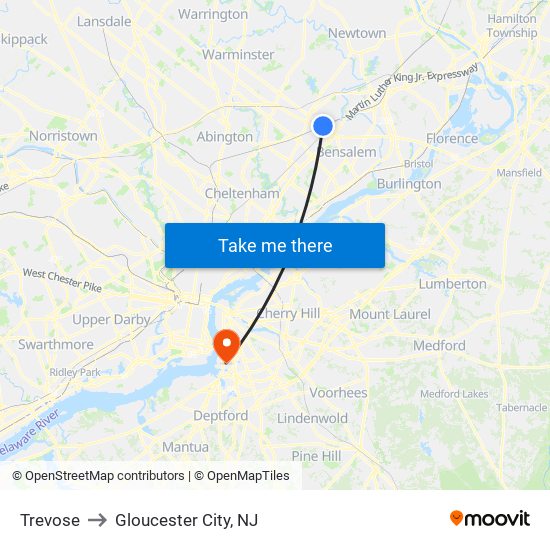 Trevose to Gloucester City, NJ map