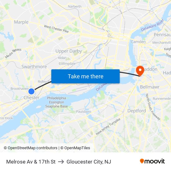 Melrose Av & 17th St to Gloucester City, NJ map