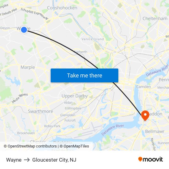 Wayne to Gloucester City, NJ map