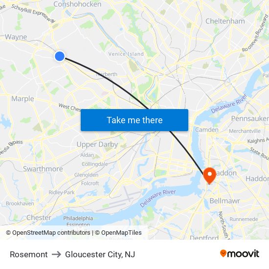 Rosemont to Gloucester City, NJ map
