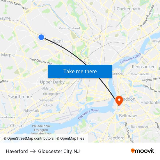 Haverford to Gloucester City, NJ map