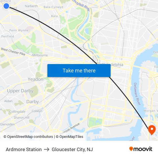 Ardmore Station to Gloucester City, NJ map