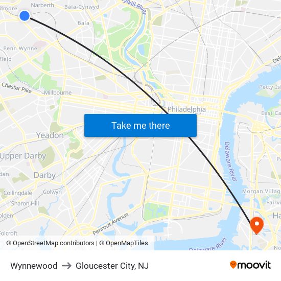 Wynnewood to Gloucester City, NJ map