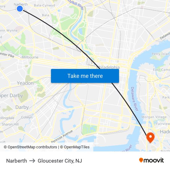 Narberth to Gloucester City, NJ map
