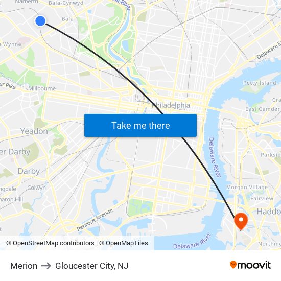 Merion to Gloucester City, NJ map