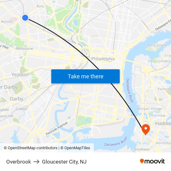 Overbrook to Gloucester City, NJ map