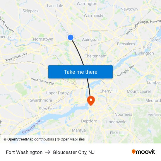 Fort Washington to Gloucester City, NJ map
