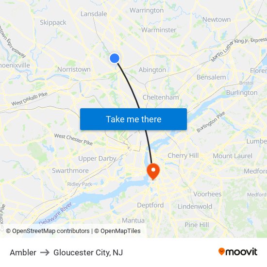 Ambler to Gloucester City, NJ map