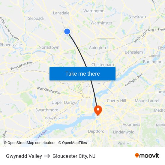 Gwynedd Valley to Gloucester City, NJ map