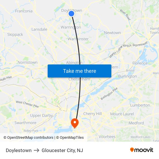 Doylestown to Gloucester City, NJ map