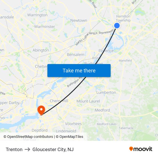 Trenton to Gloucester City, NJ map