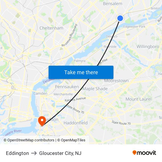 Eddington to Gloucester City, NJ map