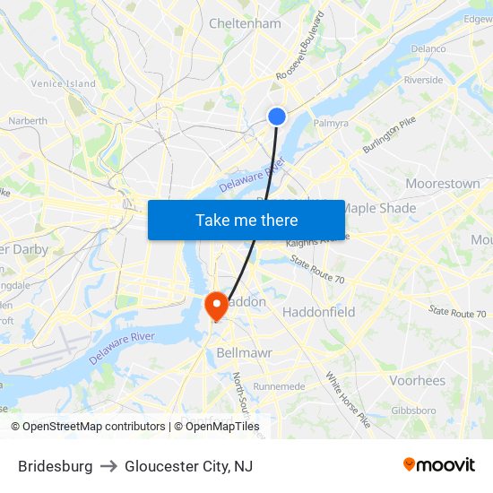 Bridesburg to Gloucester City, NJ map