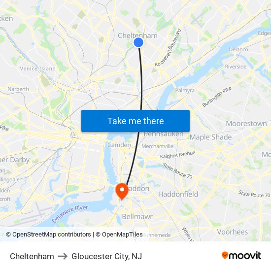 Cheltenham to Gloucester City, NJ map