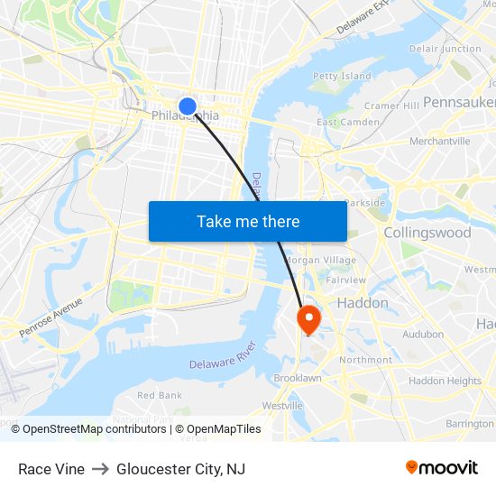 Race Vine to Gloucester City, NJ map