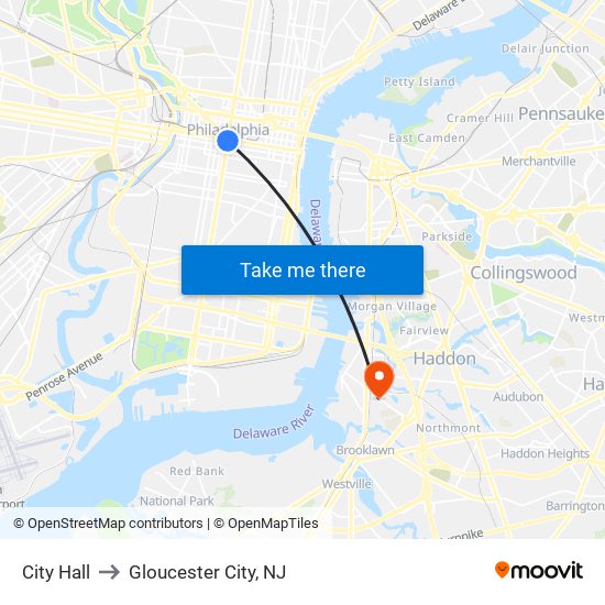 City Hall to Gloucester City, NJ map