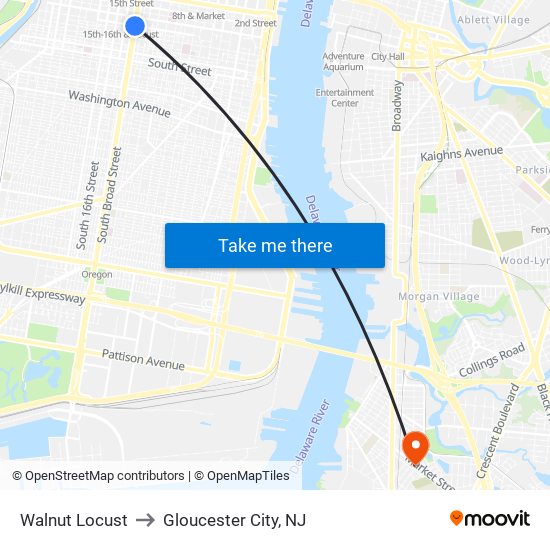 Walnut Locust to Gloucester City, NJ map