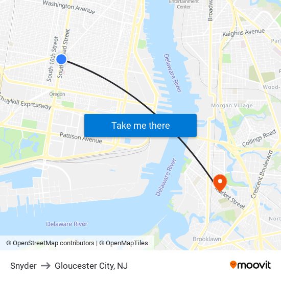 Snyder to Gloucester City, NJ map