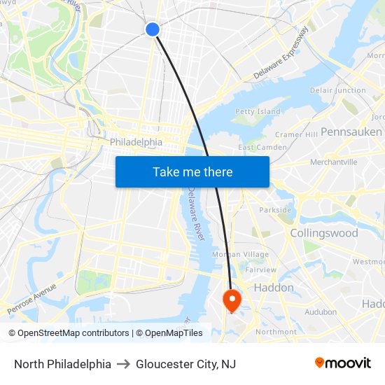 North Philadelphia to Gloucester City, NJ map