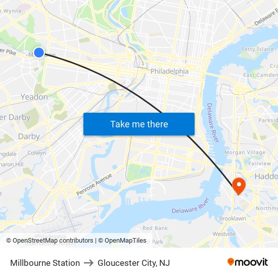 Millbourne Station to Gloucester City, NJ map