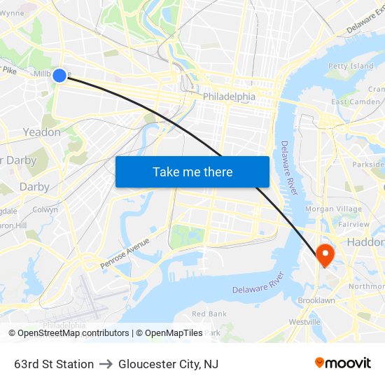 63rd St Station to Gloucester City, NJ map