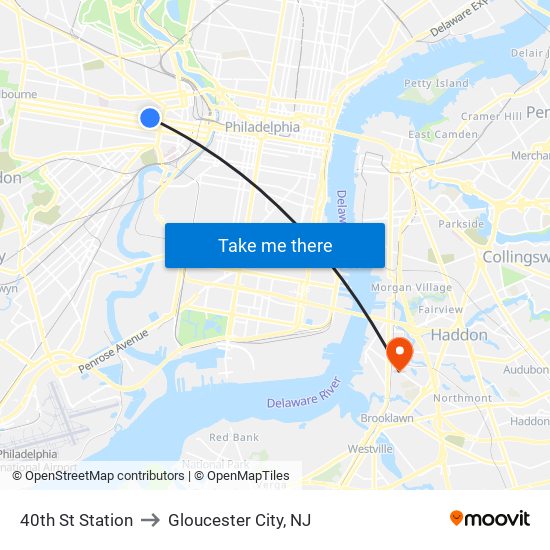 40th St Station to Gloucester City, NJ map