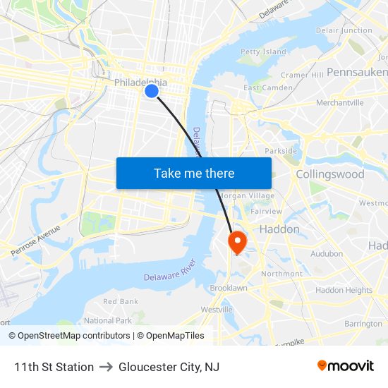 11th St Station to Gloucester City, NJ map