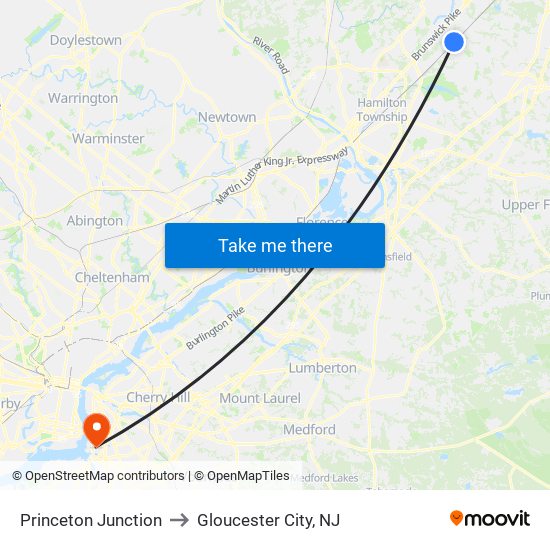 Princeton Junction to Gloucester City, NJ map